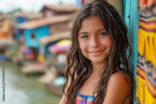 Portrait of a beautiful Mexican little girl with her hair down on the street