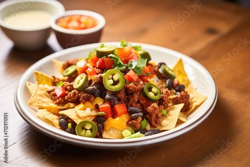 nachos loaded with ground beef and olives