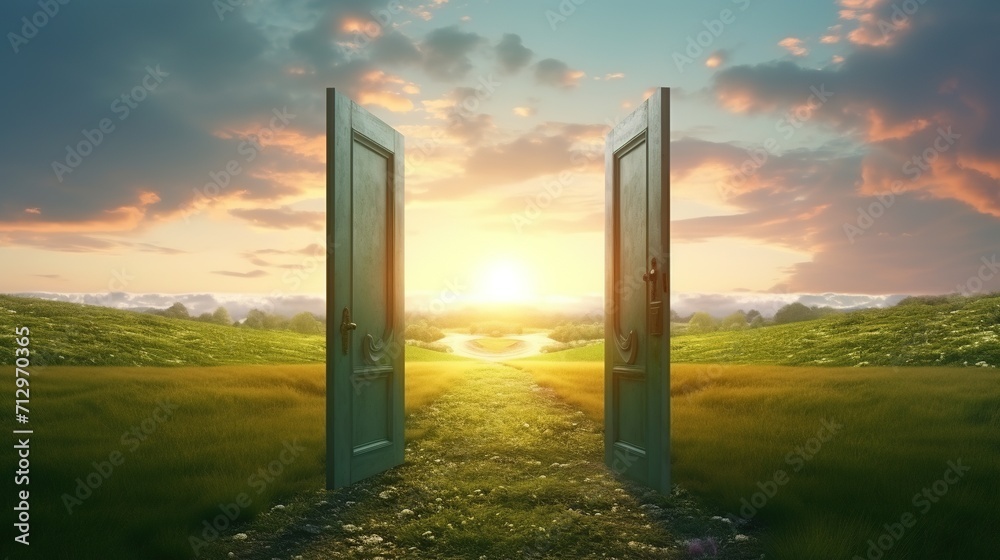 Fototapeta premium Opened Door on Long Path on Green Field. New, Journey, Adventure, Start, Begin, Life, Change 