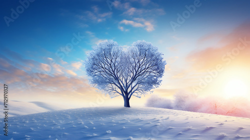 Heart shape tree in winter snow