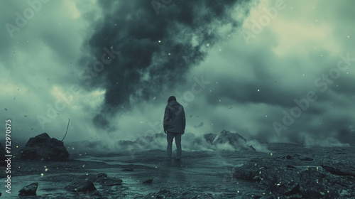 Ein Mann steht auf dem Gipfel eines Berges und ein Gewitter steht an aber er hat den Berg mit seinem Rücksack erklommen photo