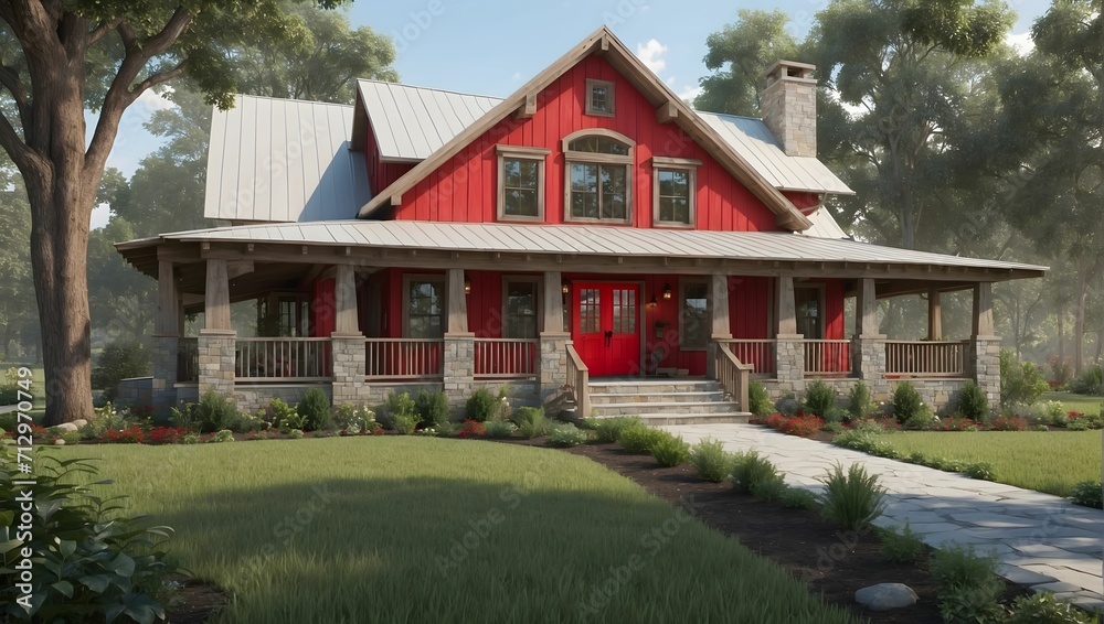 An interesting and visually descriptive home exterior, showcasing a rustic and charming farmhouse style with a wrap-around porch and a vibrant red front door. generative AI