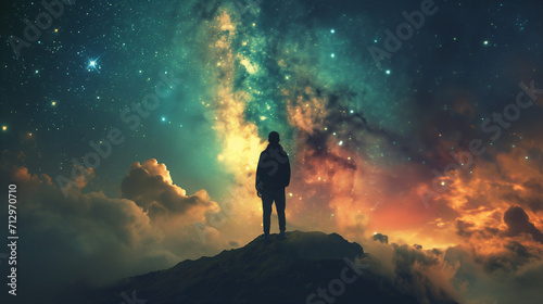 Mann steht auf dem Gipfel eines Berges und schaut in einen überklaren mystischen Sternenhimmel  photo