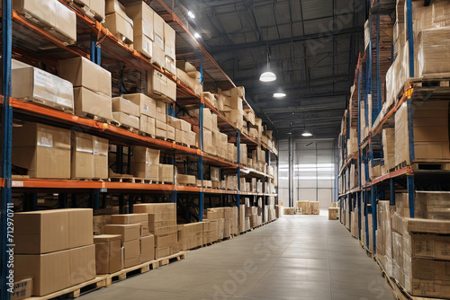 Explore the vastness of our warehouse scene, filled with neatly stacked boxes and towering shelves. A perfect image for conveying scale and logistics efficiency. 