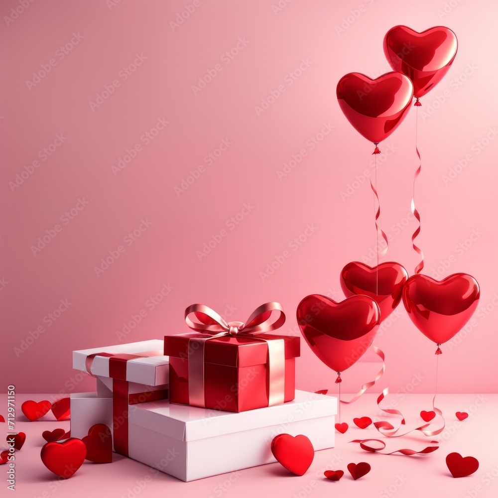 Happy valentines day decoration with opened gift box and heart shape balloon on pink background