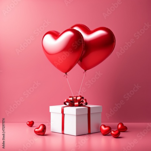 Happy valentines day decoration with opened gift box and heart shape balloon on pink background