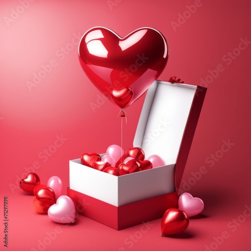 Happy valentines day decoration with opened gift box and heart shape balloon on pink background