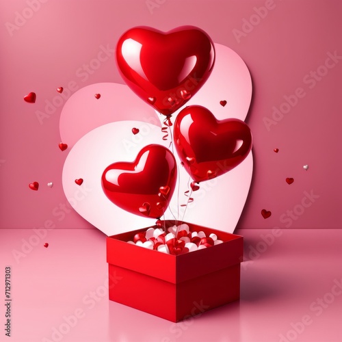 Happy valentines day decoration with opened gift box and heart shape balloon on pink background