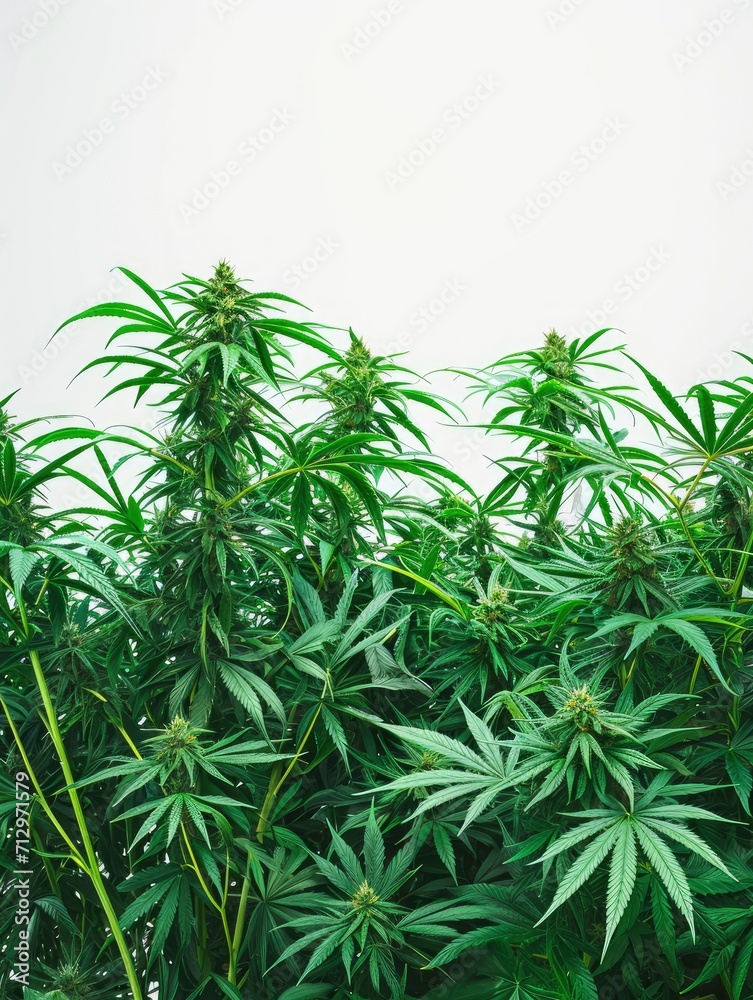 Lush cannabis plants, view from side, white background Lush cannabis plants, view from side, white background