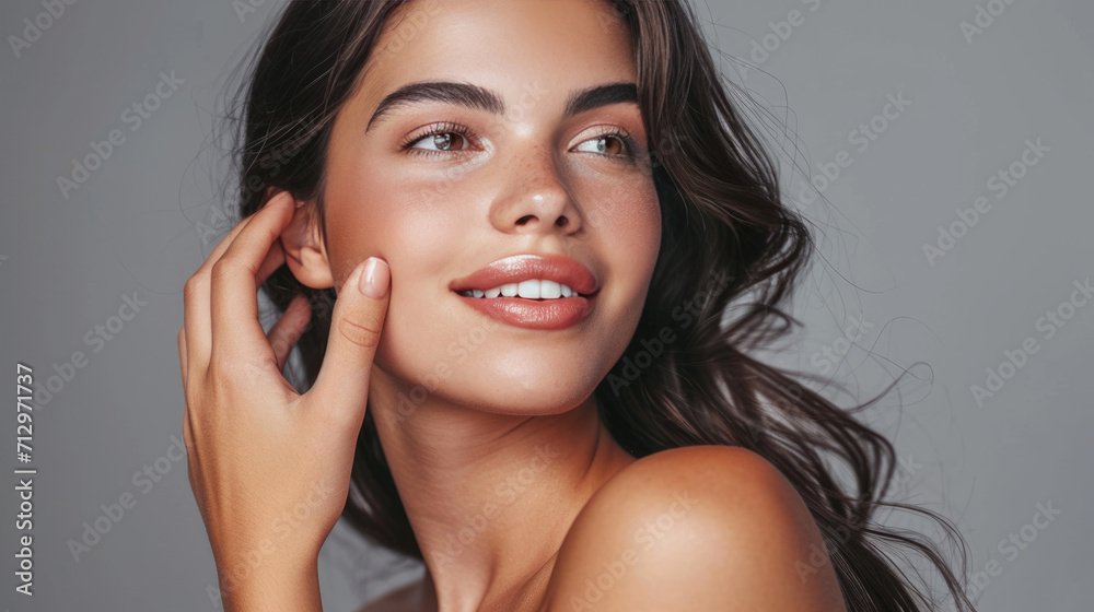 Smiling woman with a hand gently touching her face, displaying clear skin and a joyful expression. Smiling woman with a hand gently touching her face, displaying clear skin and a joyful expression.