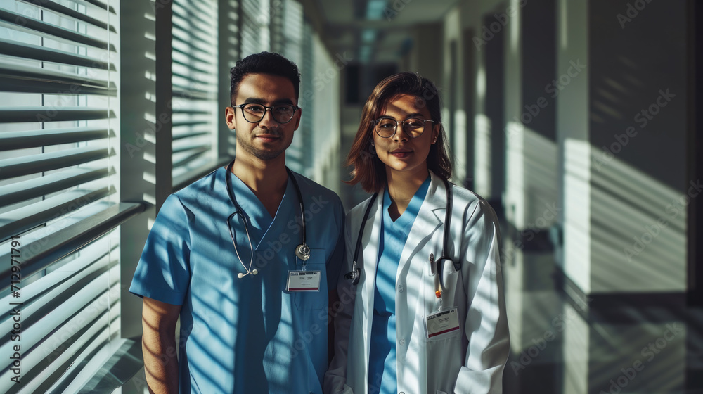 Two healthcare professionals, a man and a woman, both wearing scrubs and stethoscopes, are standing in a hospital corridor. Two healthcare professionals, a man and a woman, both wearing scrubs and stethoscopes, are standing in a hospital corridor.