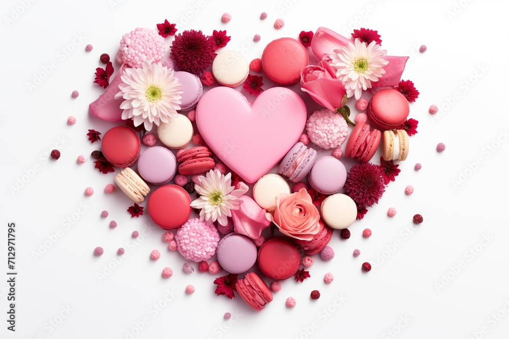 Flowers and sweets heart on white background. Birthday. Valentine's Day. Greeting card.