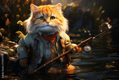 Fototapeta cartoon character a fisherman cat with a fishing rod catches fish in a lake rive