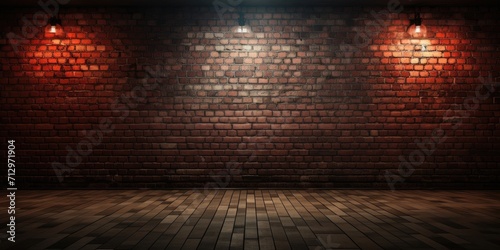 Dimly lit room with tiled floor and brick wall backdrop.