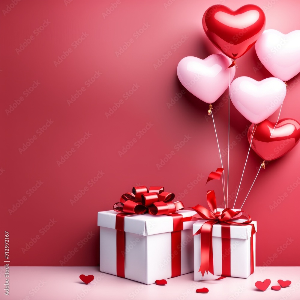 Happy valentines day decoration with Red and white color Heart shaped balloons and gift boxes on pink background