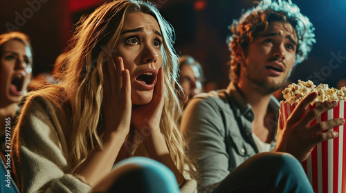 Young man and woman looking shocked and excited while watching a movie in a cinema, holding a box of popcorn. © MP Studio