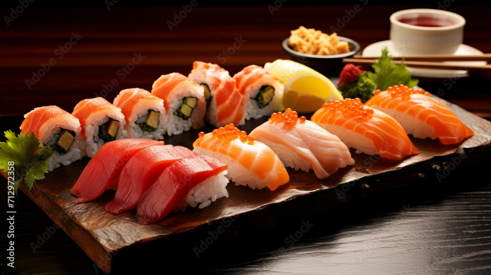 Sushi set in a restaurant. Beautiful serving traditional Japanese food. Rice and fish. Sushi set in a restaurant. Beautiful serving traditional Japanese food. Rice and fish.