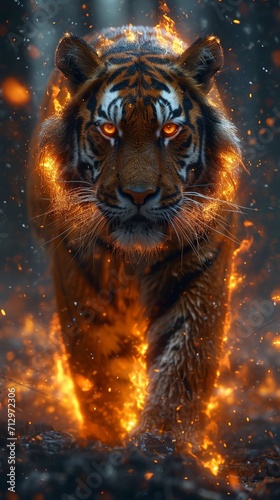 Tiger shaped like flames with glowing eyes.