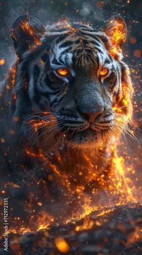Tiger shaped like flames with glowing eyes.