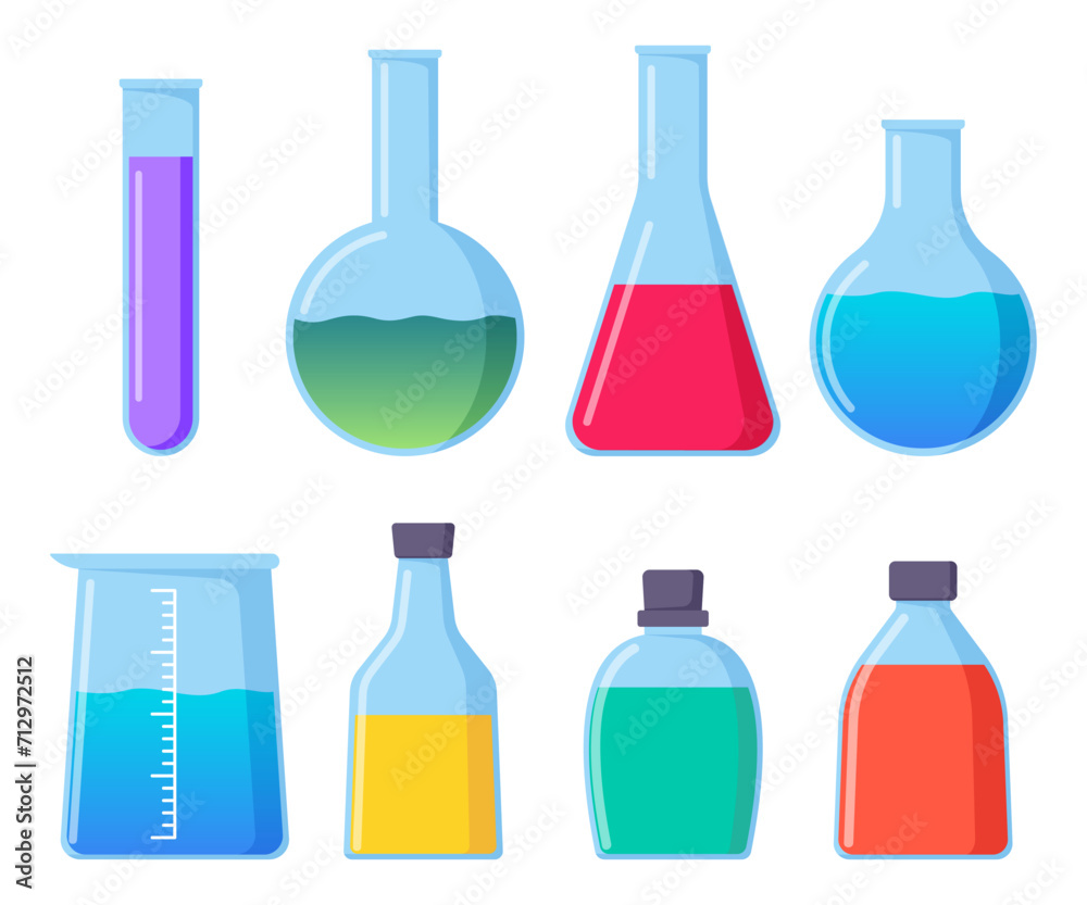 Transparent glassware with chemical reagents. Laboratory test tubes. Medical scientific research. Experiment equipment. Lab measuring beaker. Bottle, flask. Vector illustration. Transparent glassware with chemical reagents. Laboratory test tubes. Medical scientific research. Experiment equipment. Lab measuring beaker. Bottle, flask. Vector illustration.