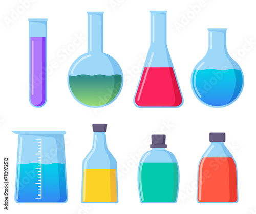 Transparent glassware with chemical reagents. Laboratory test tubes. Medical scientific research. Experiment equipment. Lab measuring beaker. Bottle, flask. Vector illustration.