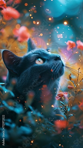 British cat full color flowers stars cinematic shine effect