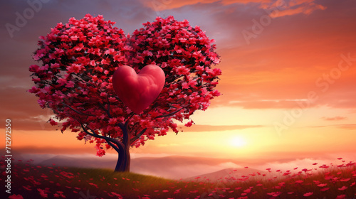 Tree of love in spring Red heart-shaped tree
