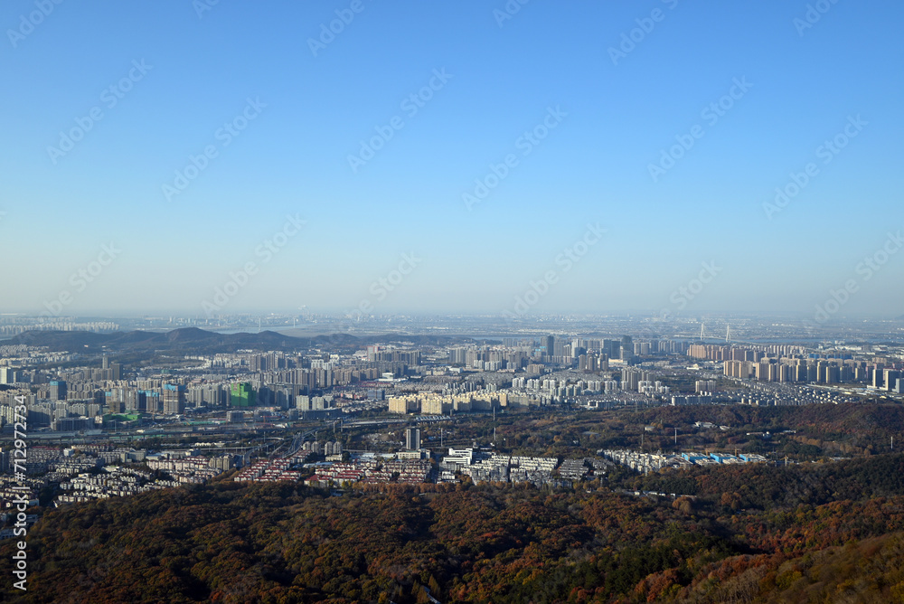 view of the city from the peak of ZhongShan Moutain in Nanjing of China