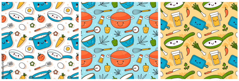 Naklejka premium Set of Cooking Equipment Seamless Pattern Design Illustration in Flat Cartoon Template Hand Drawn