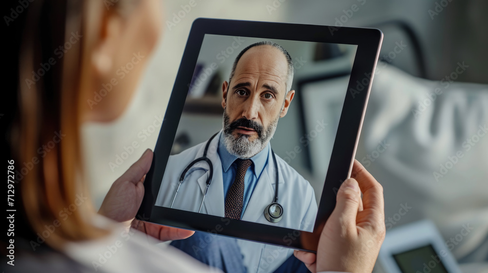 Person holding a tablet with the image of a male doctor on the screen, suggesting a virtual medical consultation or telemedicine appointment.