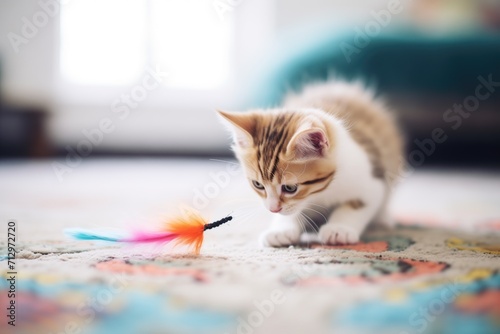 cat playing with a colorful feather toy on a carpet © studioworkstock