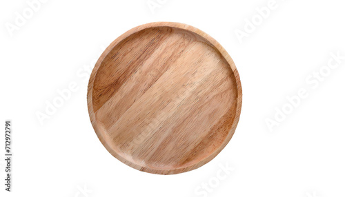 Round wooden plate isolated on transparent background. Top view.