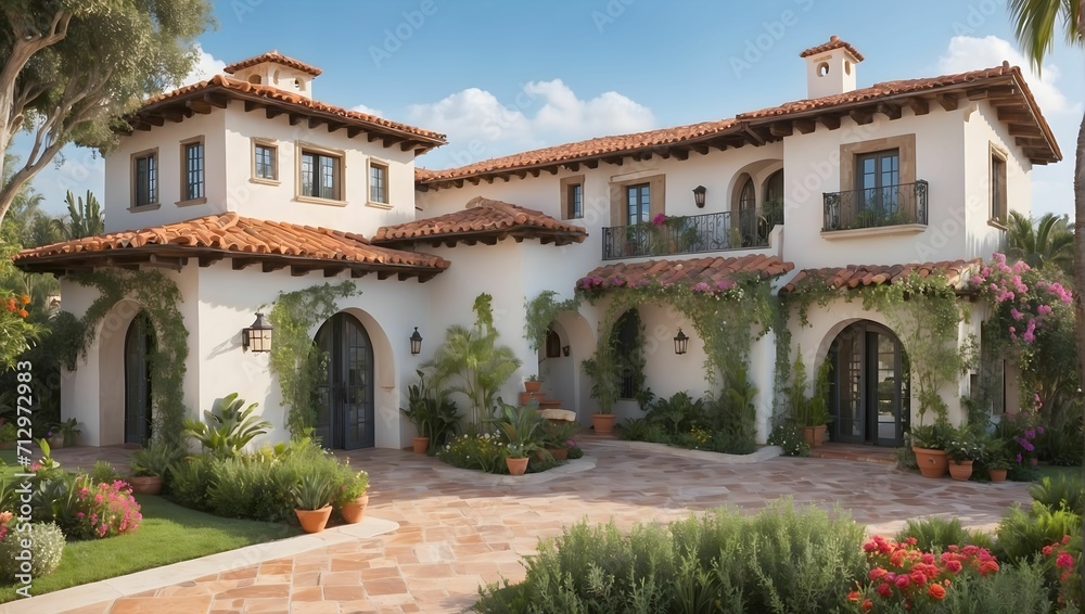 A creative and detailed home exterior, highlighting a Mediterranean-inspired villa with stucco walls, terracotta roof tiles, a lush garden filled with colorful flowers and citrus trees. generative AI