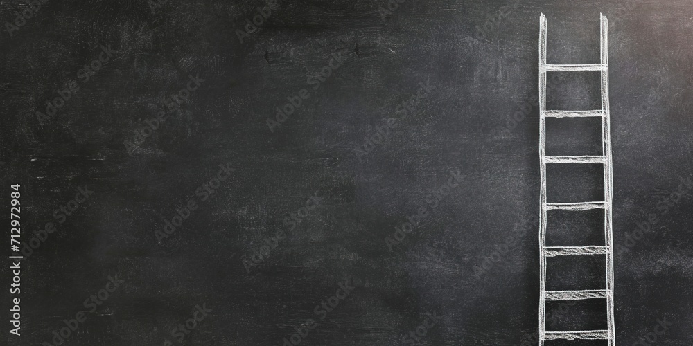 A chalk-drawn ladder reaching towards the top of a blackboard