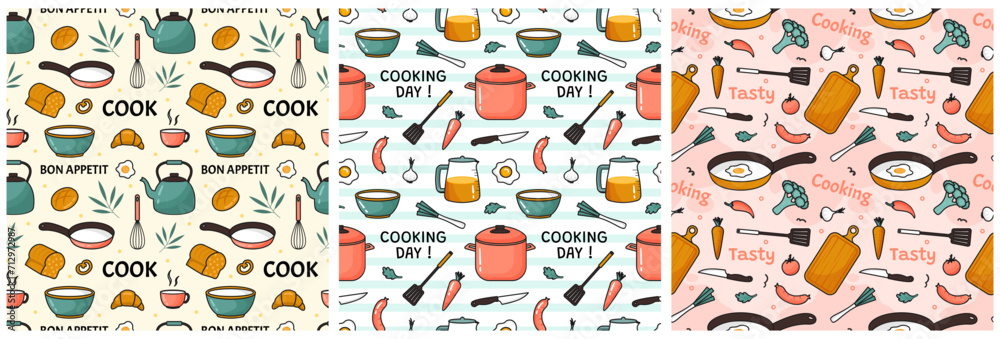 Set of Cooking Equipment Seamless Pattern Design Illustration in Flat Cartoon Template Hand Drawn