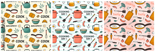 Set of Cooking Equipment Seamless Pattern Design Illustration in Flat Cartoon Template Hand Drawn © denayune