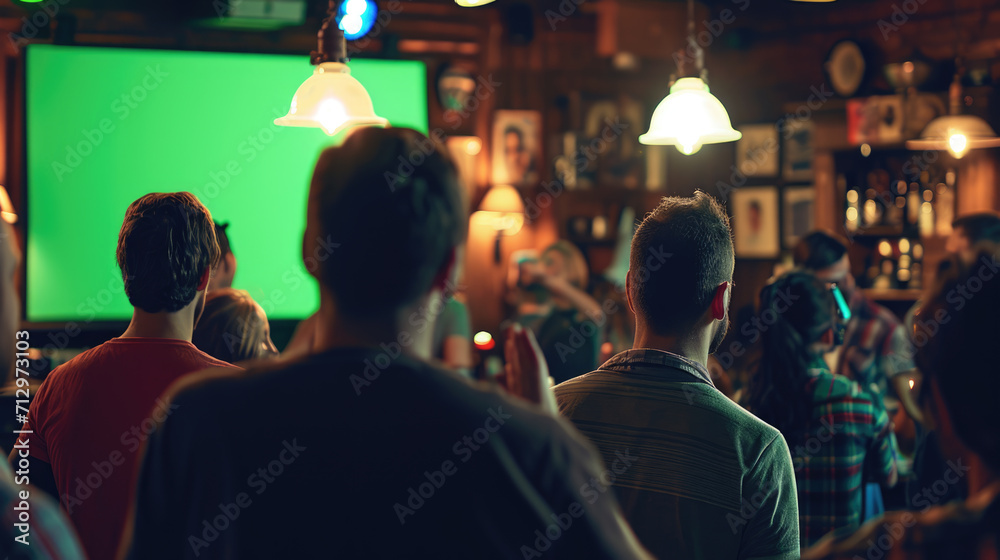 Group of people in a bar watching a television screen with a green chroma key screen