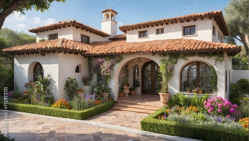 A creative and detailed home exterior  highlighting a Mediterranean-inspired villa with stucco walls  terracotta roof tiles  a lush garden filled with colorful flowers and citrus trees. generative AI