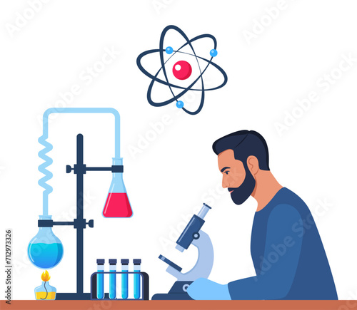 Scientist in chemistry laboratory working on research and exploration. Flasks, vials, test tubes with substance. Lab research, testing, studies in chemistry. Vector illustration.