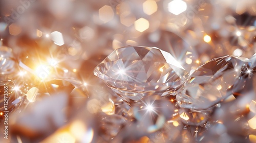 a macro close-up image of many precious stones diamonds or similar zirconia fianit with golden or rose gold undertone shimmering in the sunlight filling the frame photo