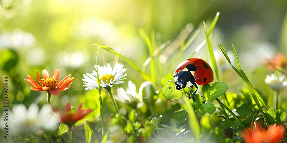 Obraz premium Macro shot of a ladybug in a flower meadow.