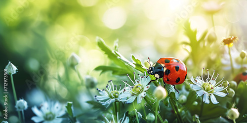 Macro shot of a ladybug in a flower meadow.