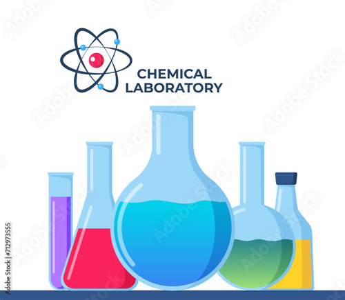 Transparent glassware with chemical reagents. Laboratory test tubes. Medical scientific research. Experiment equipment. Lab measuring beaker. Bottle, flask. Vector illustration.