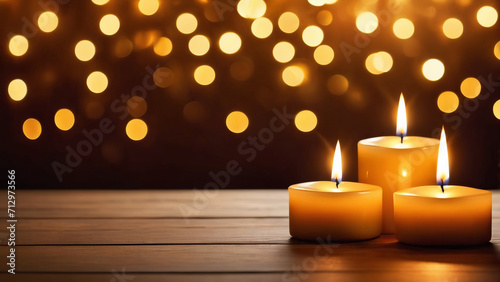 Flickering candle flames against a soft, blurred bokeh backdrop, radiating a warm golden hue evoking a festive and celebratory ambiance.