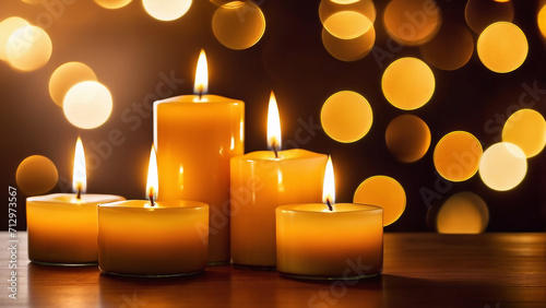 Flickering candle flames against a soft, blurred bokeh backdrop, radiating a warm golden hue evoking a festive and celebratory ambiance.
