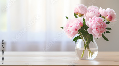 Beautiful pink peonies in vase on table