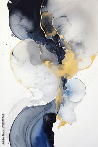 Two abstracts in black and blue on white, in the style of dark gold and indigo, zen-inspired ink painting, dark gray and gray, asymmetrical forms, emotional watercolors.