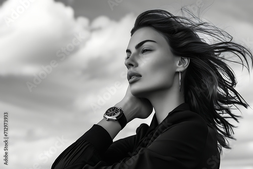 Elegant Woman with Luxury Watch, Dramatic Sky Background, Black and White Fashion, portrait of a woman