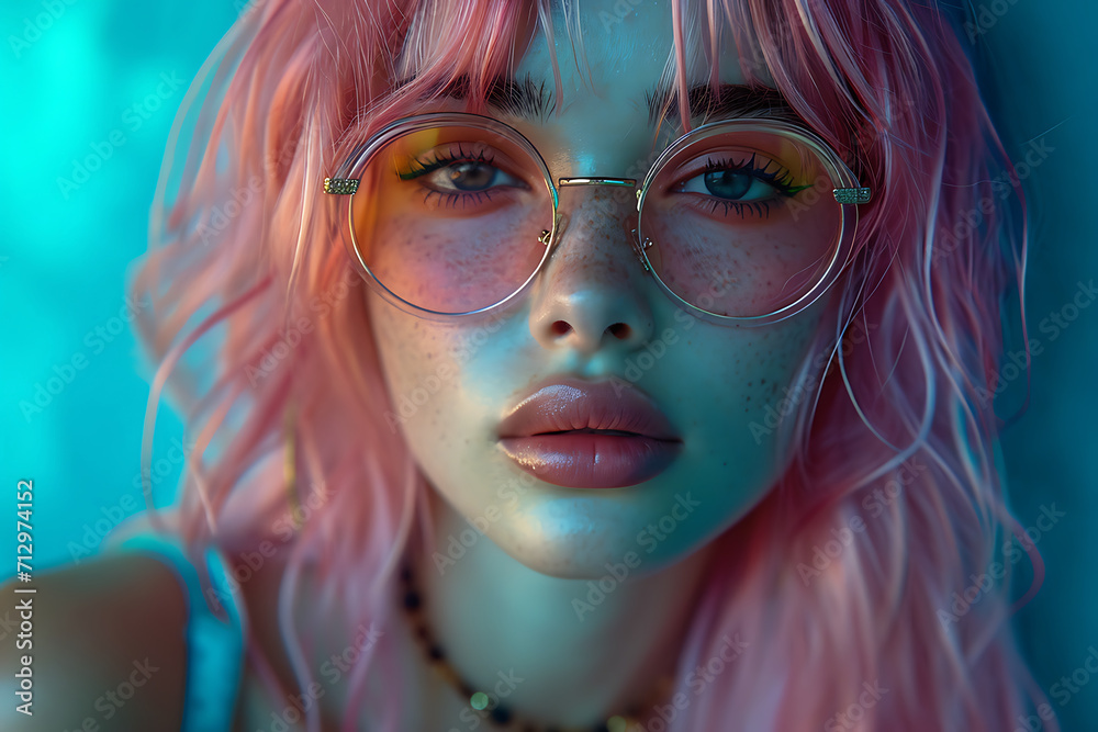 portrait of a girl with a sunglass, pink glow, Trendy Pink Hair and Glasses, Youthful Urban Style, Edgy Fashion Portrait