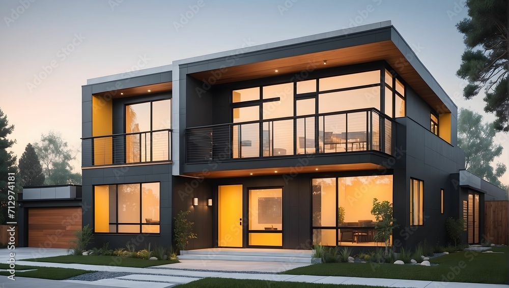 A unique and diverse home exterior with a modern twist, featuring a sleek and minimalist design with large windows and a bold color palette. generative AI